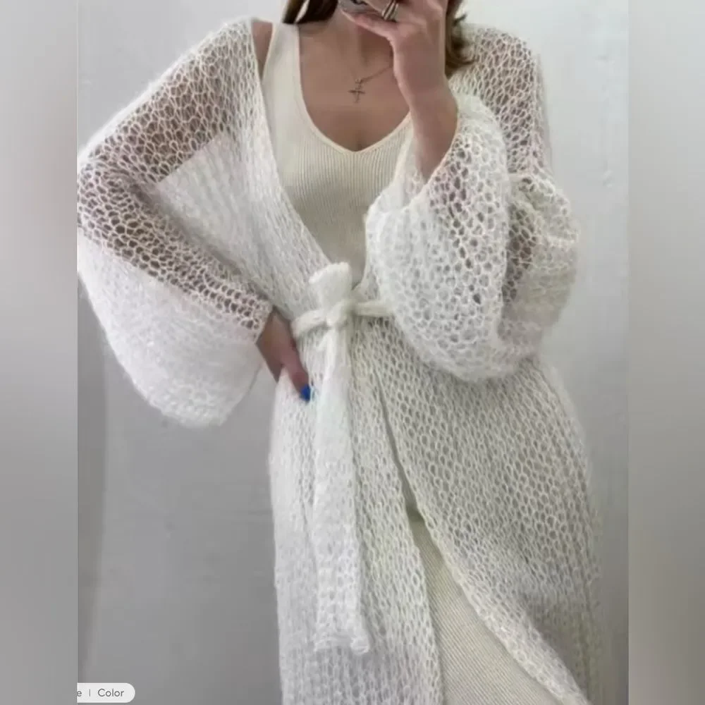 *NEW* 🌺COQUETTE-GIRL🌺 Soft Sheer Knitted Open Stitch Long Cardigan Sweater O/S